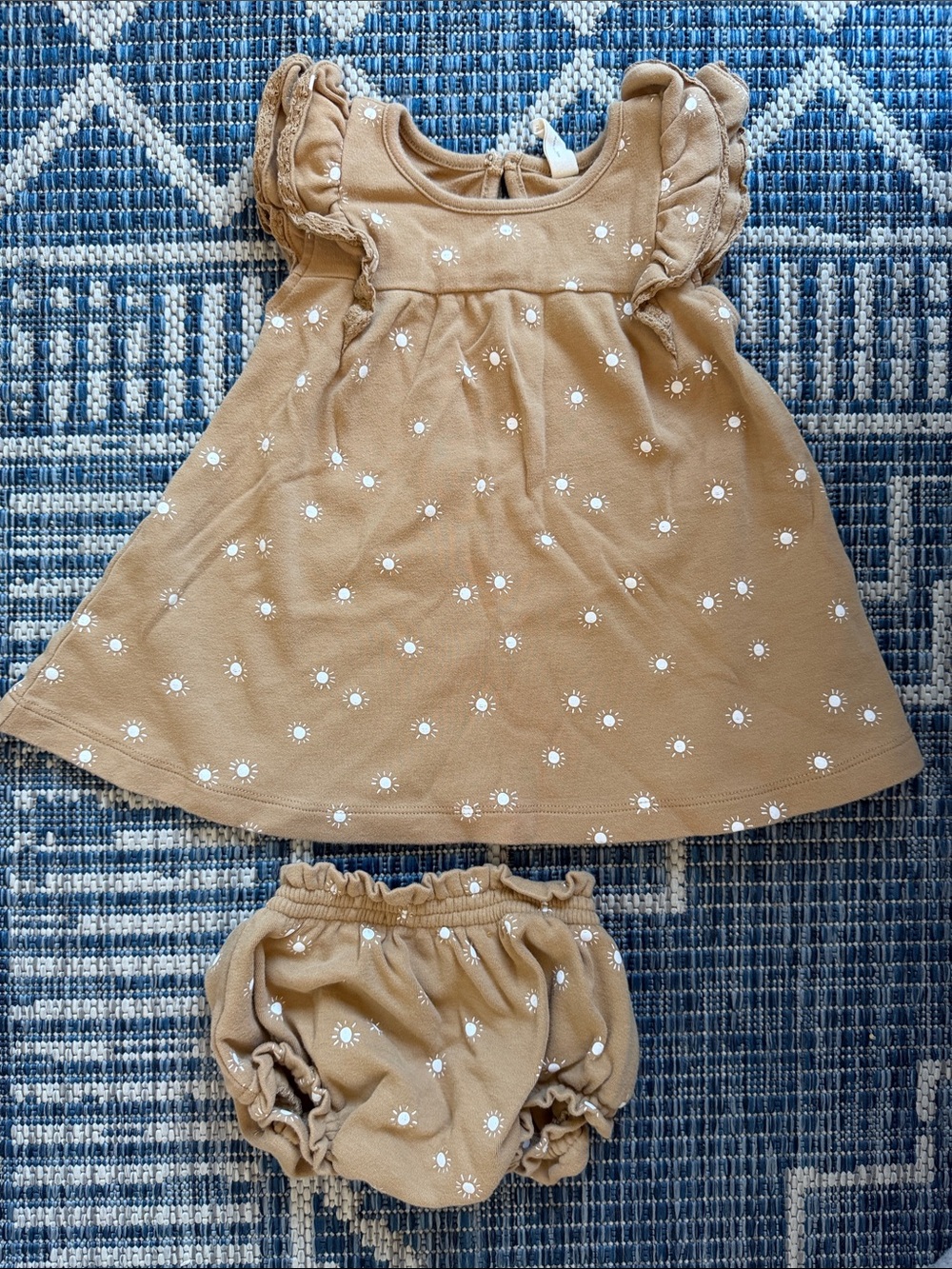 Quincy Mae Tan Dress & Bloomers with White Daisy Print
